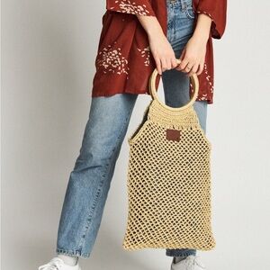 Brixton Courtney Woven Straw Tote, Tan Open Weave Boho Beach Bag, Top Handle